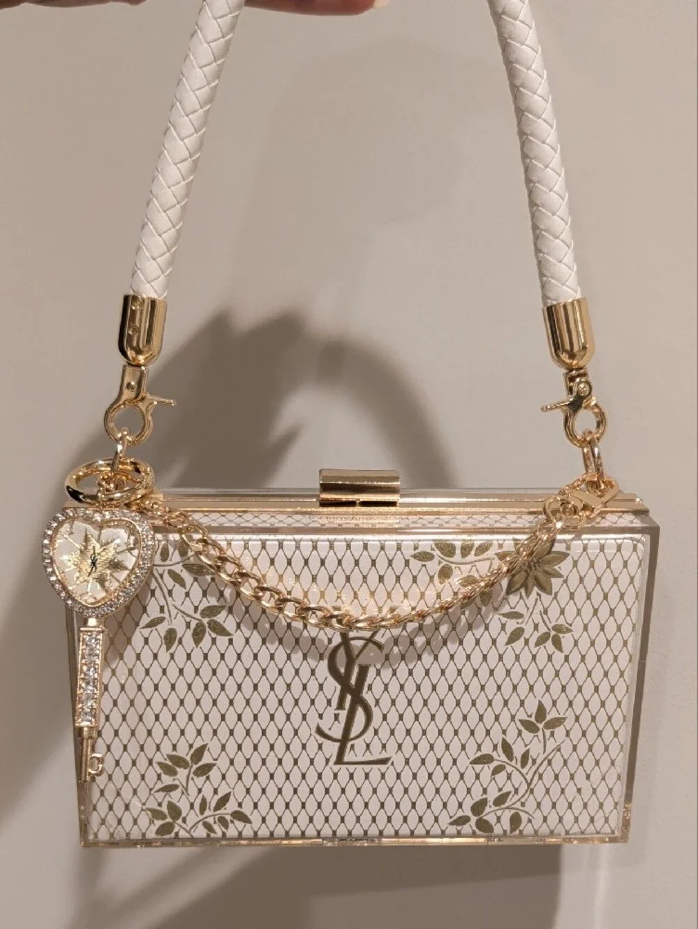 Saint Laurent White and Gold Box Clutch with Chain Charm